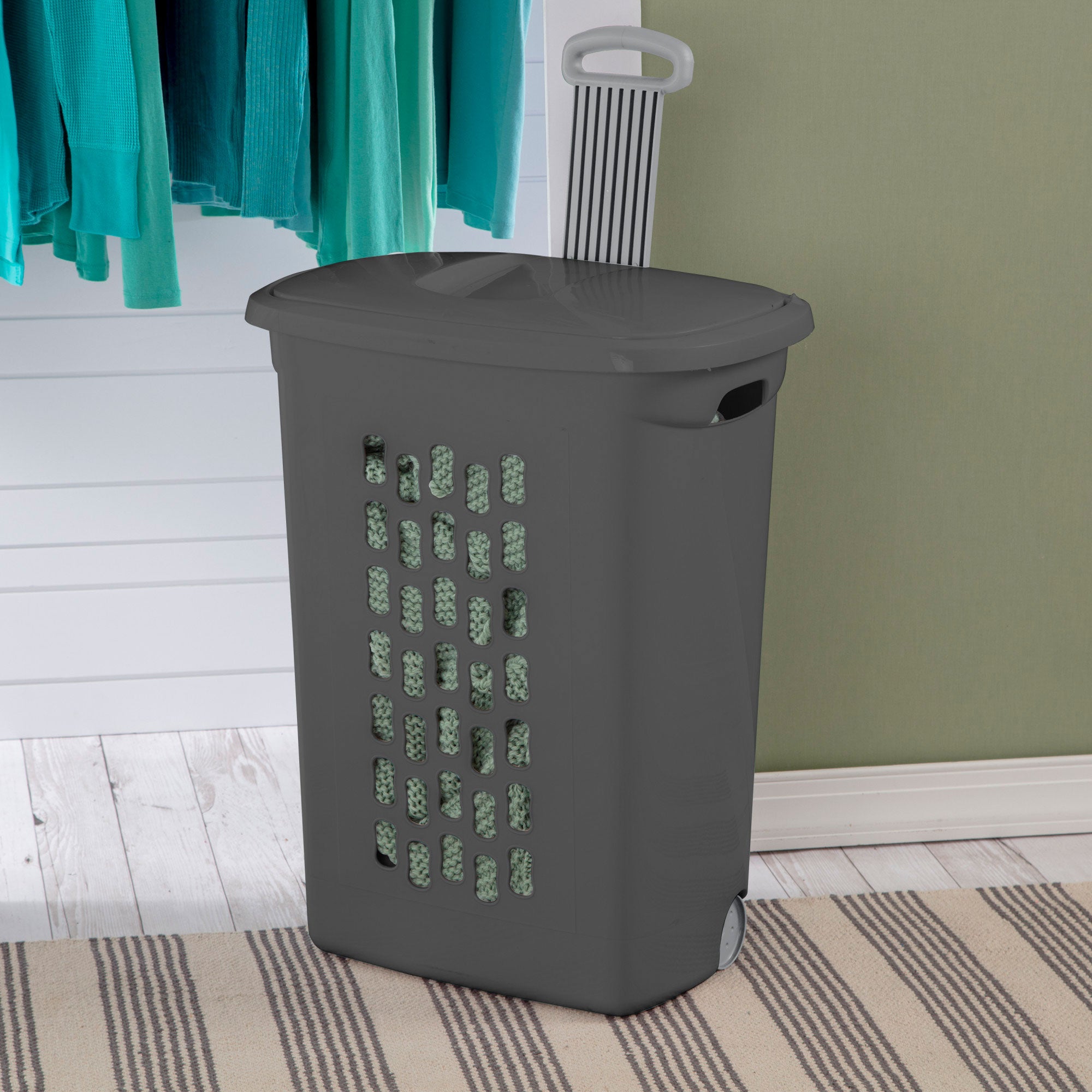 Sterilite Ultra Wheeled Hamper, Laundry Basket w/Lid & Handle, Flat Grey, 3 Pack - VMInnovations