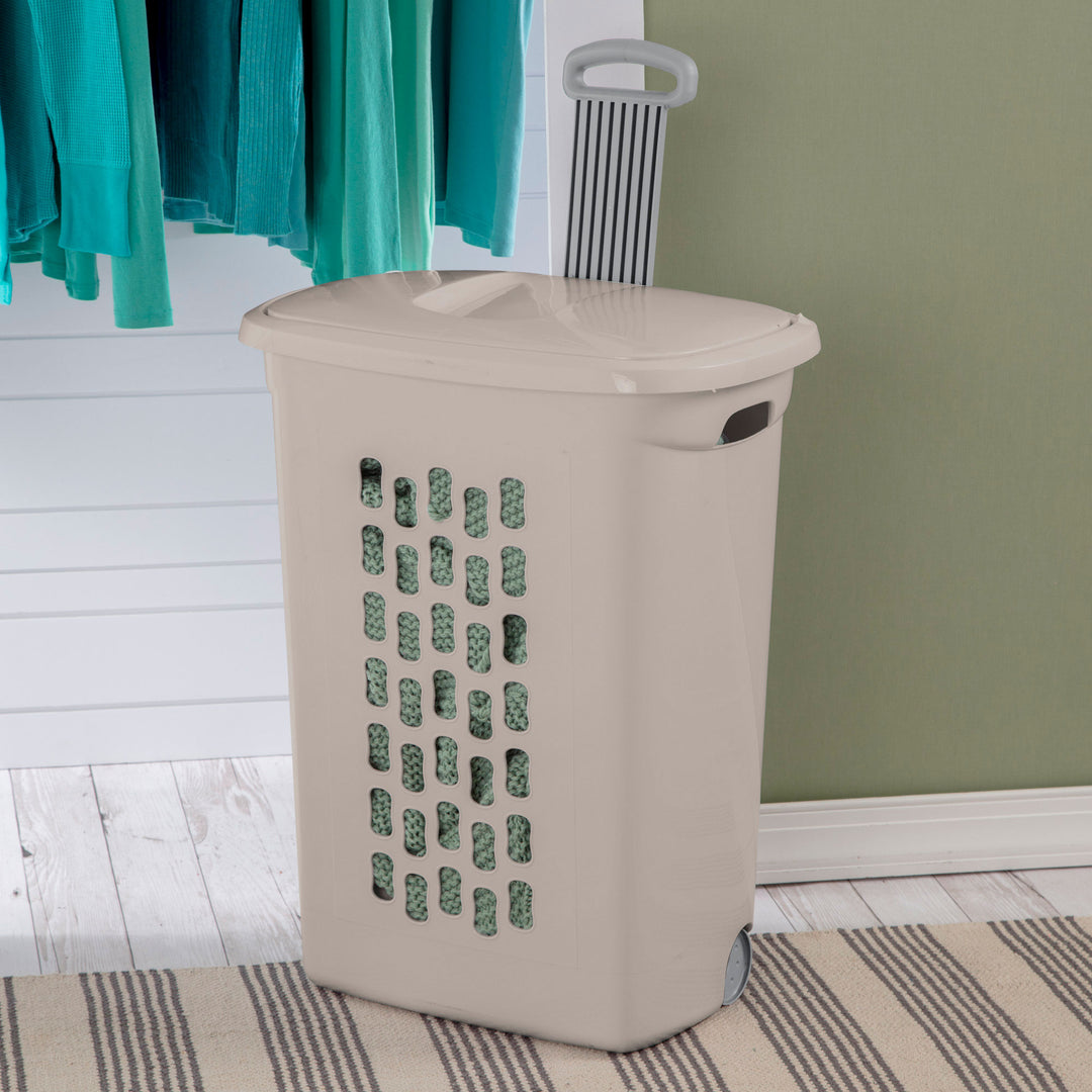 Sterilite Ultra Wheeled Hamper, Laundry Basket with Lid and Handle, Grey, 3 Pack