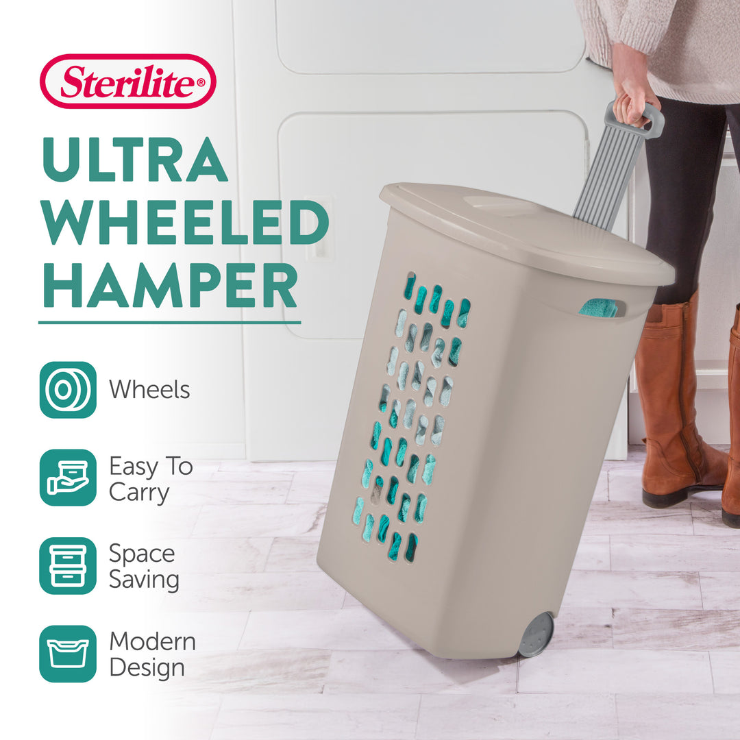 Sterilite Ultra Wheeled Hamper, Laundry Basket with Lid and Handle, Grey, 3 Pack