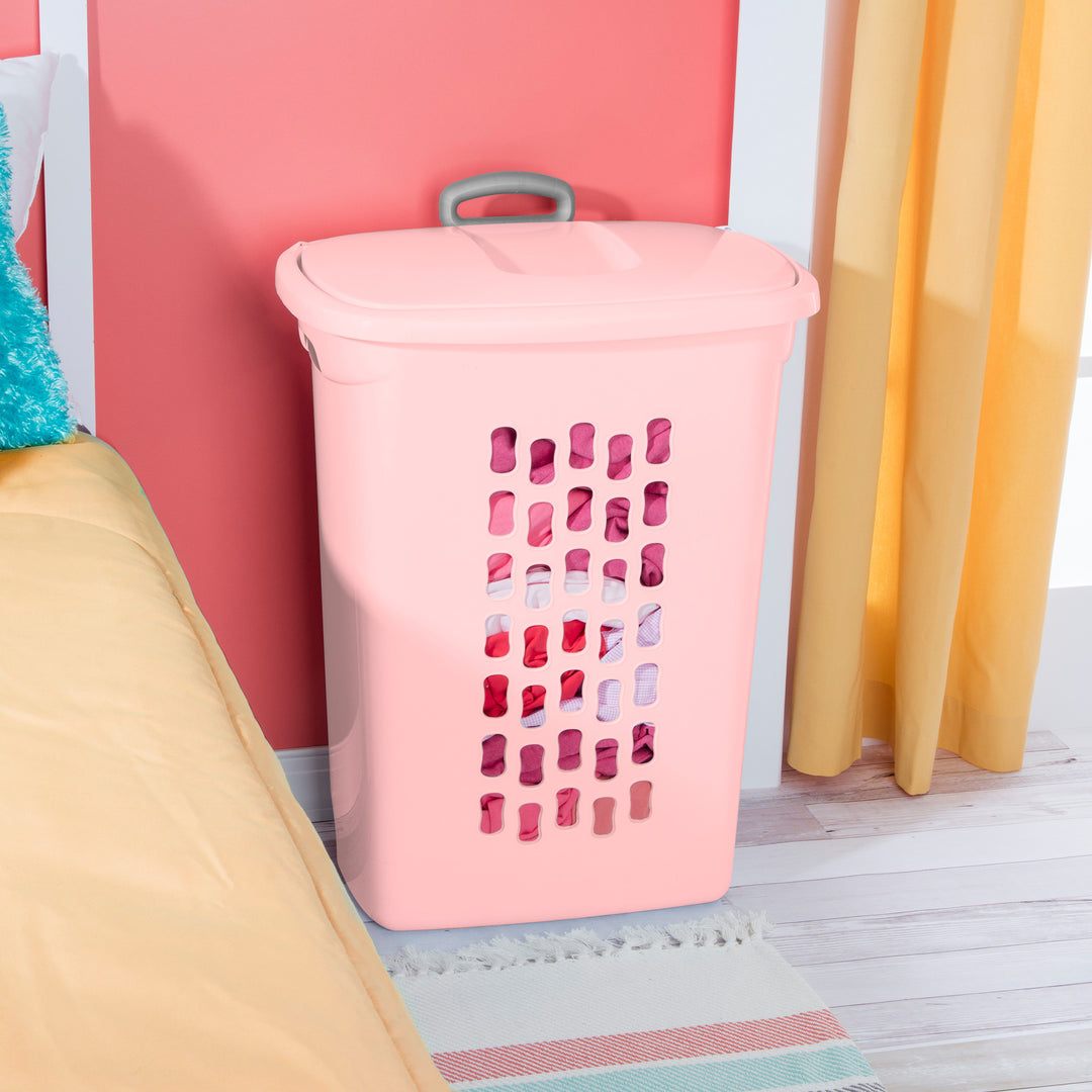 Sterilite Ultra Wheeled Hamper, Laundry Basket w/Lid & Handle,Pink Frost, 3 Pack