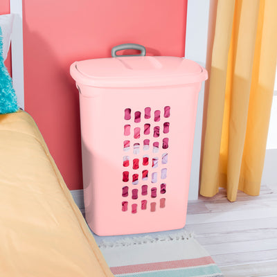 Sterilite Ultra Wheeled Hamper, Laundry Basket w/Lid & Handle,Pink Frost, 3 Pack - VMInnovations