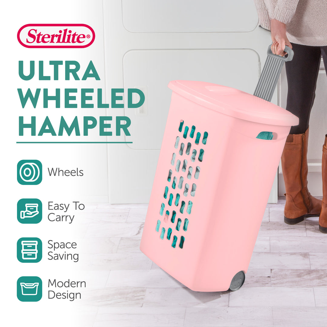 Sterilite Ultra Wheeled Hamper, Laundry Basket w/Lid & Handle,Pink Frost, 3 Pack