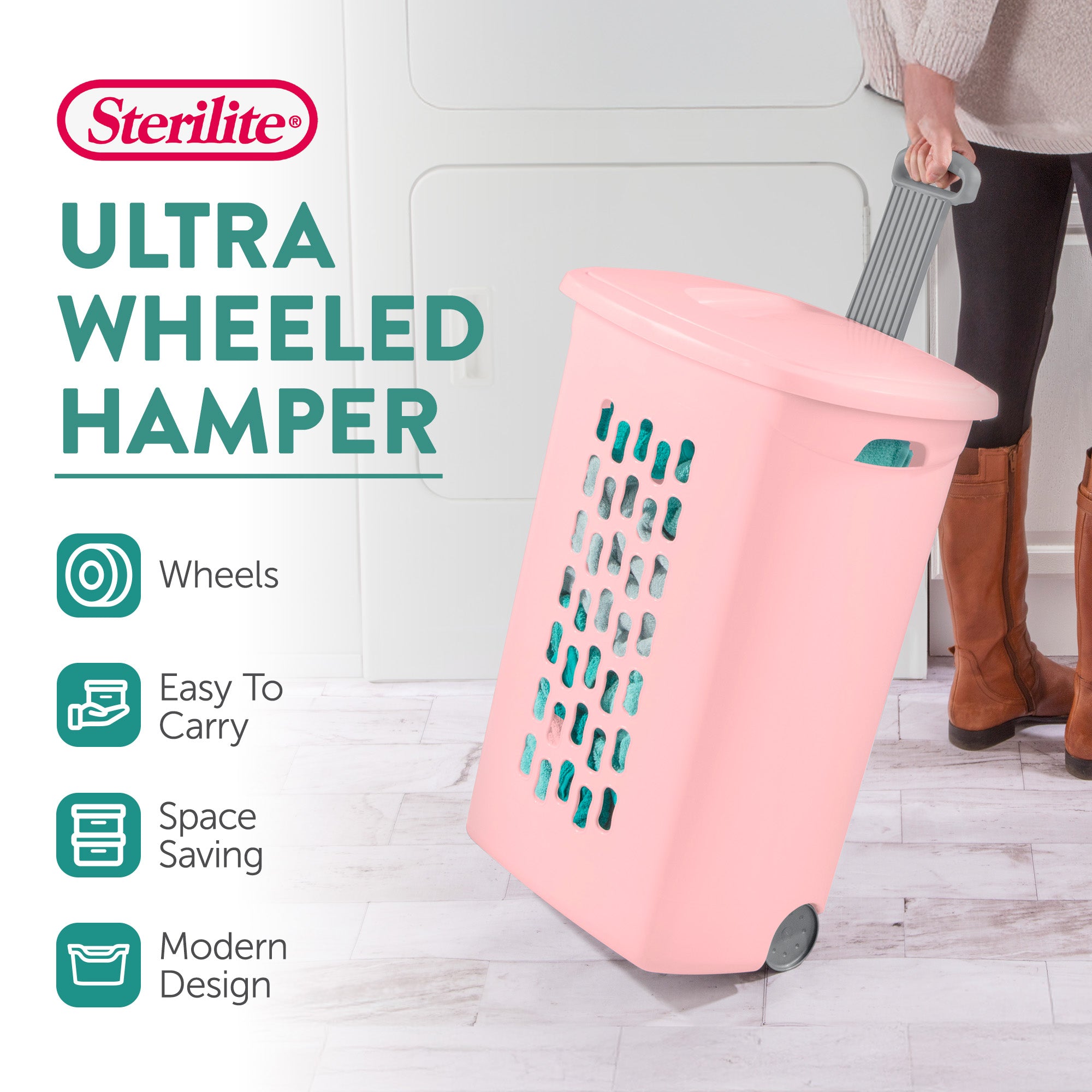 Sterilite Ultra Wheeled Hamper, Laundry Basket w/Lid & Handle,Pink Frost, 3 Pack - VMInnovations