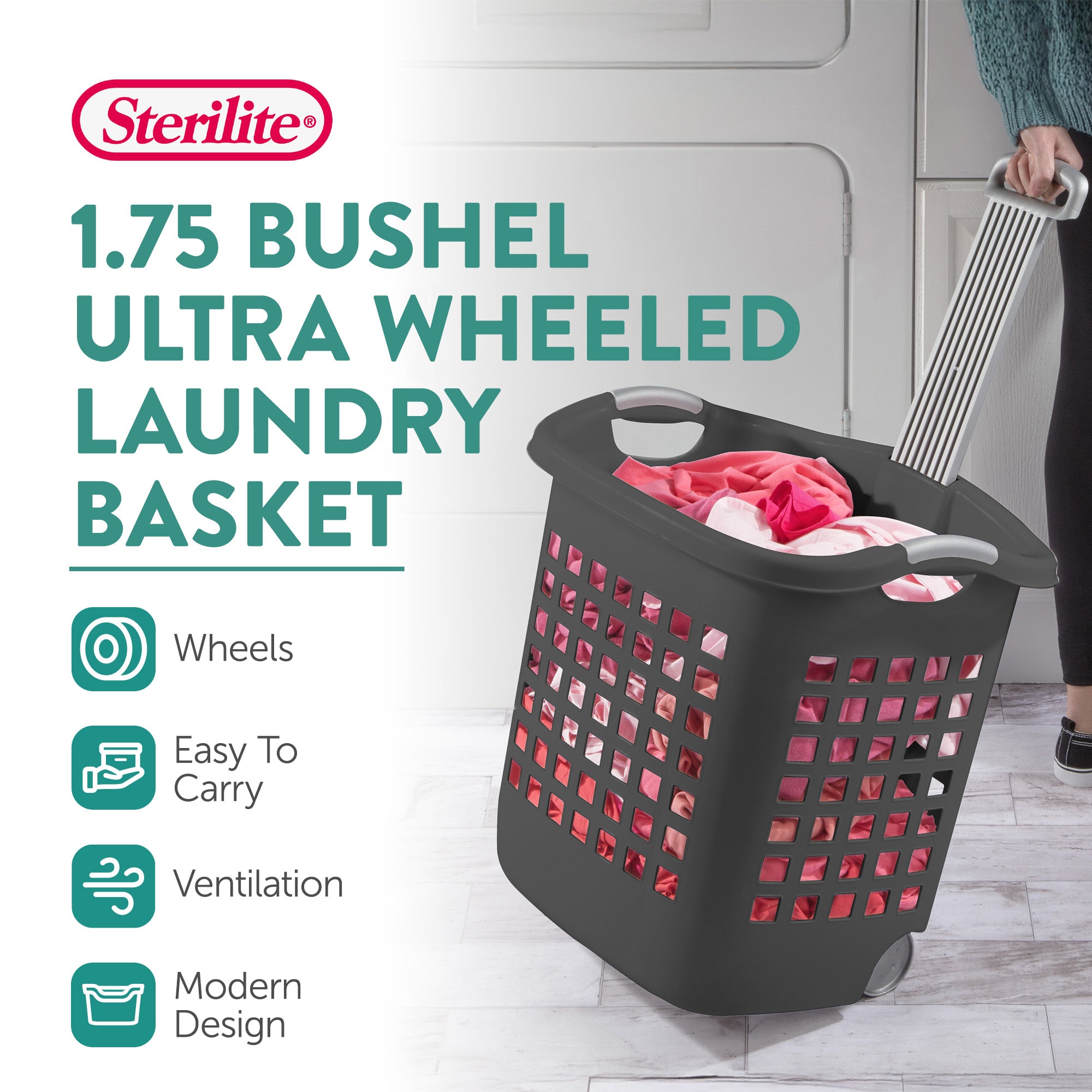 Sterilite Ultra Wheeled Laundry Basket, 1.7 Bushel with Handles, Grey, 4 Pack - VMInnovations