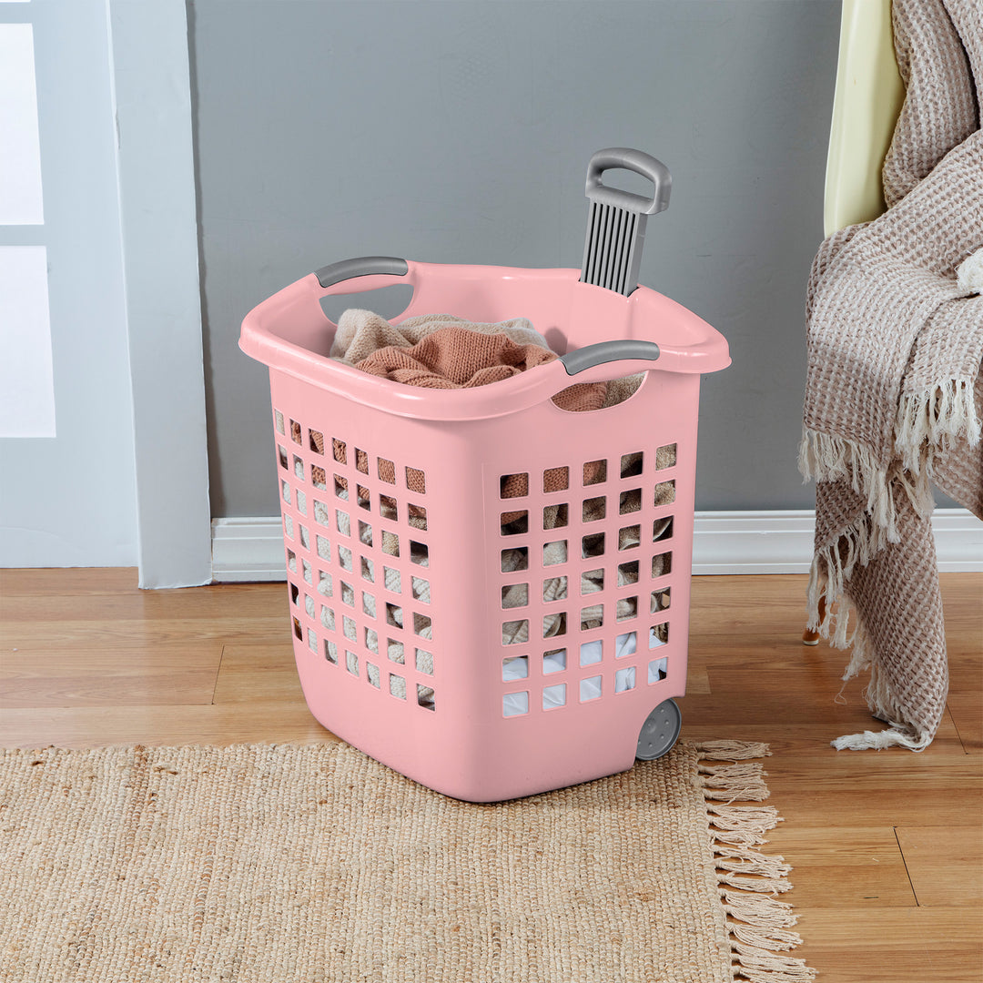 Sterilite Ultra Wheeled Laundry Basket, 1.7 Bushel with Handles, Pink, 4 Pack