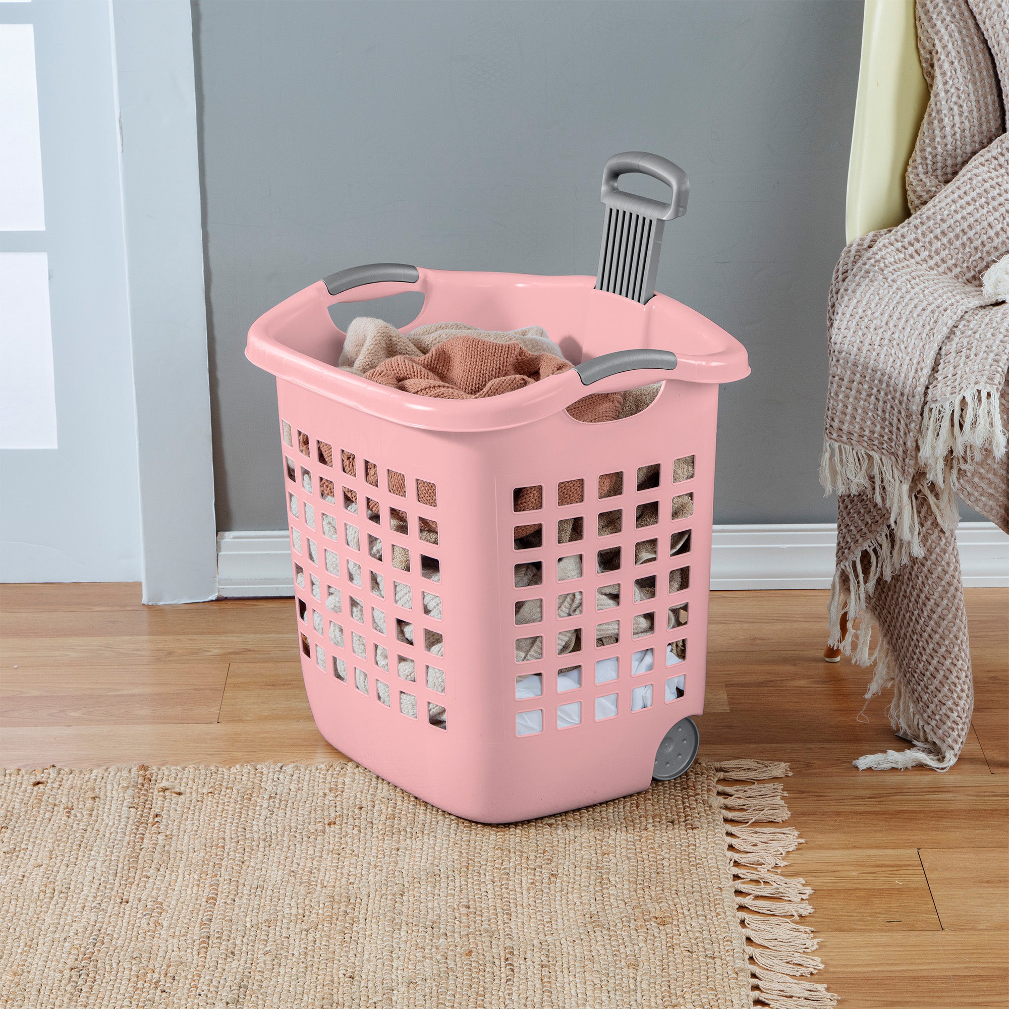 Sterilite Ultra Wheeled Laundry Basket, 1.7 Bushel with Handles, Pink, 4 Pack - VMInnovations