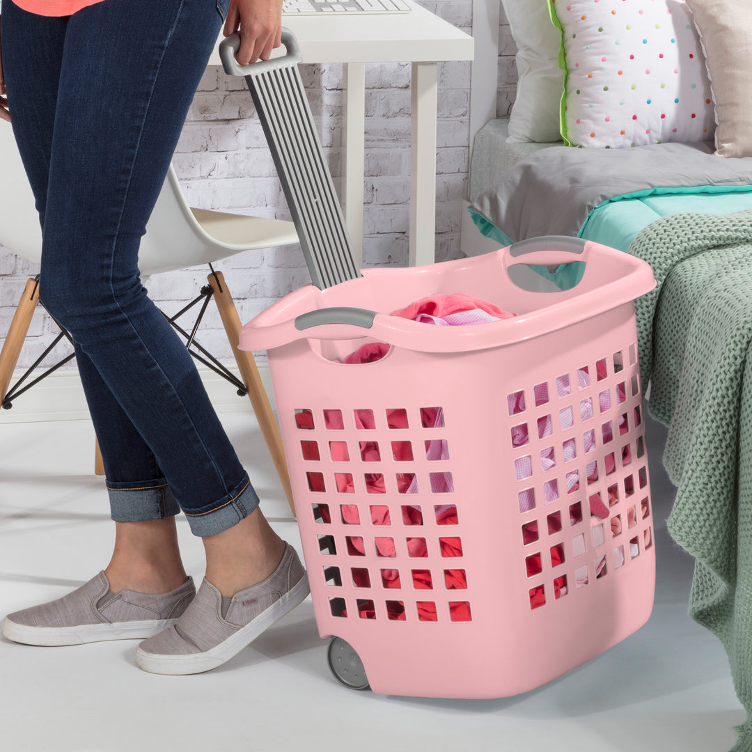 Sterilite Ultra Wheeled Laundry Basket, 1.7 Bushel with Handles, Pink, 4 Pack