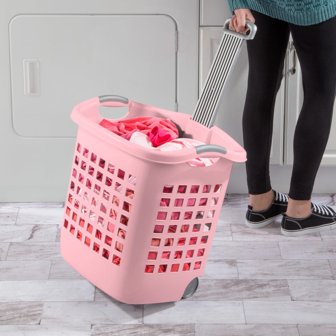 Sterilite Ultra Wheeled Laundry Basket, 1.7 Bushel with Handles, Pink, 4 Pack