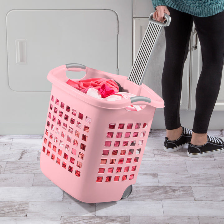 Sterilite Ultra Wheeled Laundry Basket, 1.7 Bushel with Handles, Pink, 4 Pack