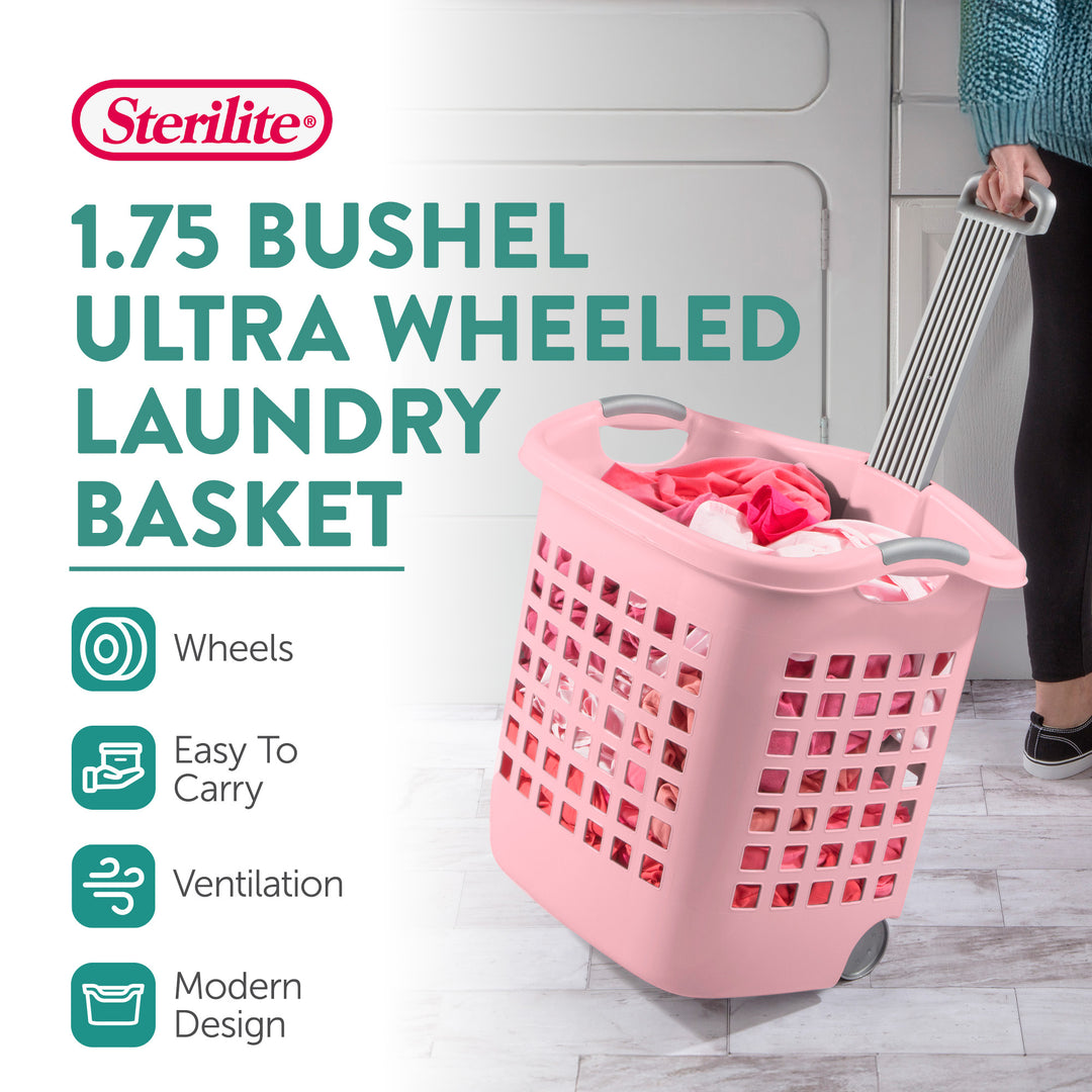 Sterilite Ultra Wheeled Laundry Basket, 1.7 Bushel with Handles, Pink, 4 Pack