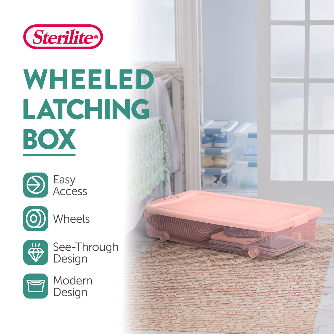 Sterilite 56 Qt Wheeled Under Bed Storage Container Plastic Bin, Blush, 4 Pack