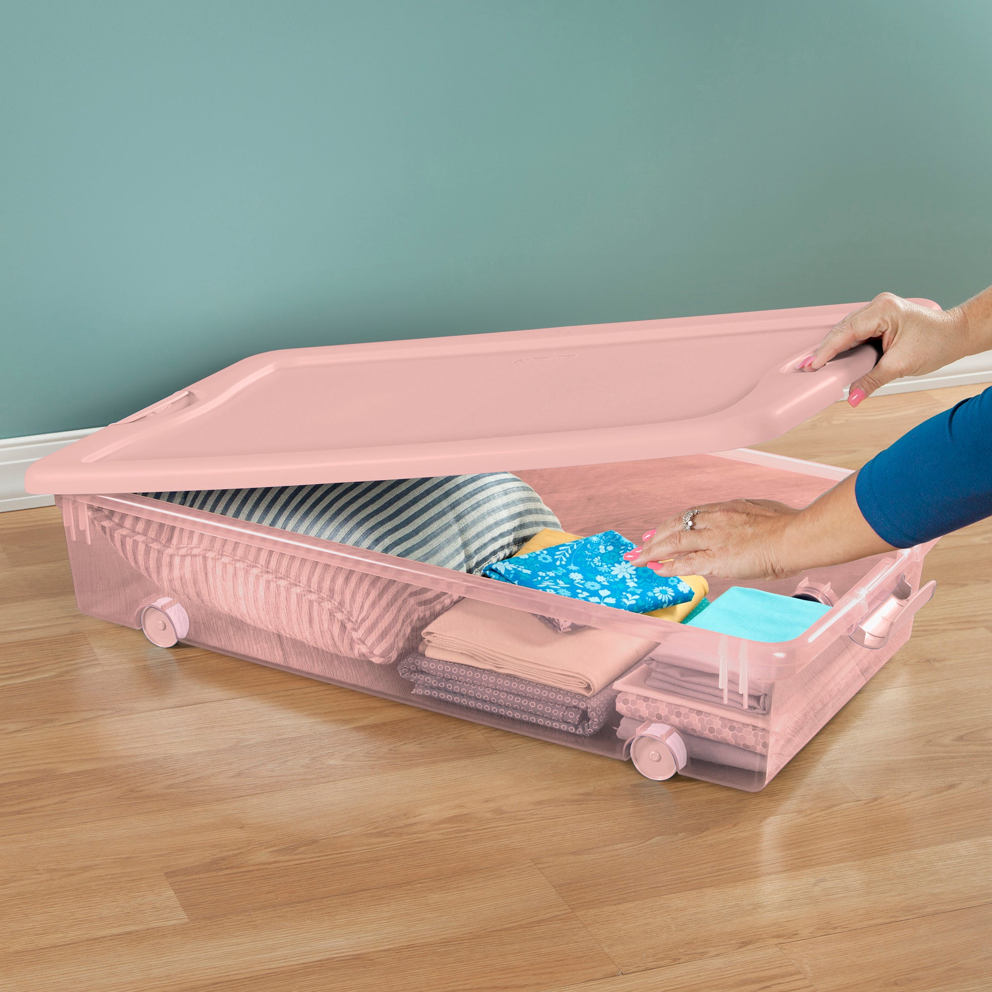 Sterilite 56 Qt Wheeled Under Bed Storage Container Plastic Bin, Blush, 8 Pack