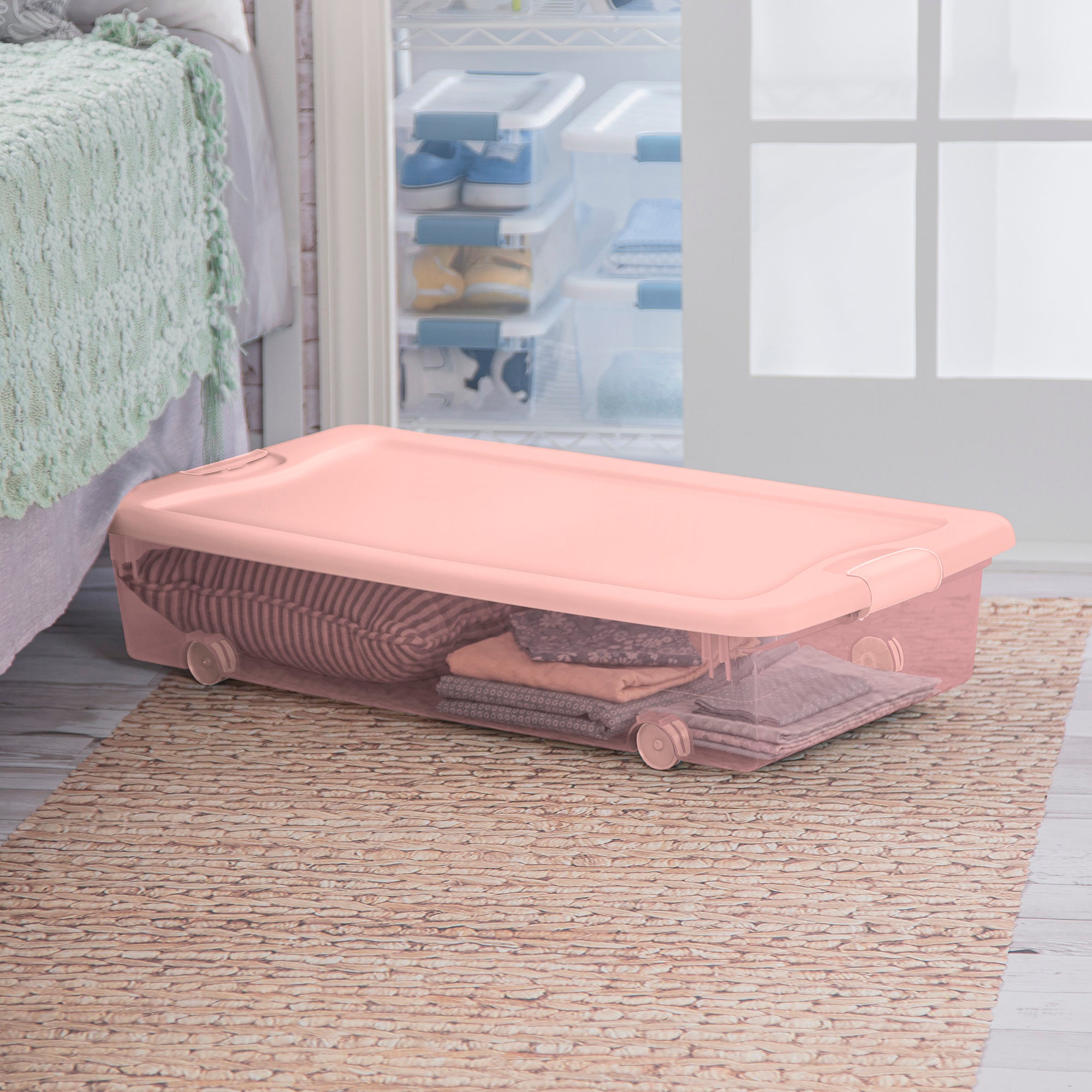 Sterilite 56 Qt Wheeled Under Bed Storage Container Plastic Bin, Blush, 12 Pack