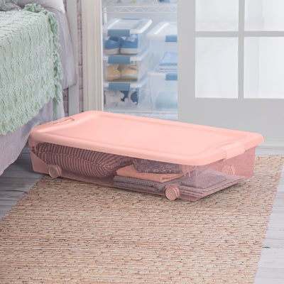 Sterilite 56 Qt Wheeled Under Bed Storage Container Plastic Bin, Blush, 12 Pack