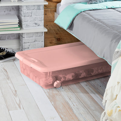 Sterilite 56 Qt Wheeled Under Bed Storage Container Plastic Bin, Blush, 8 Pack