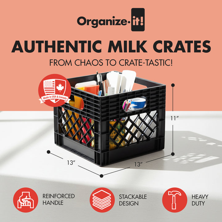 ORGANIZE-IT! Storage Milk Crate, Heavy-Duty Versatile Organizers, Black, 4 Pack