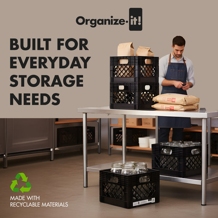 ORGANIZE-IT! Storage Milk Crate, Heavy-Duty Versatile Organizers, Black, 4 Pack