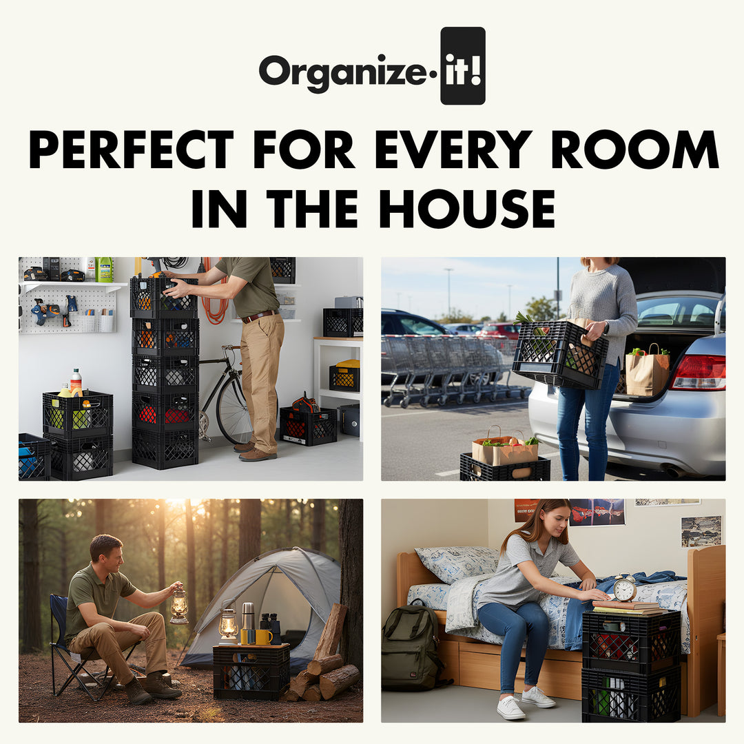 ORGANIZE-IT! Storage Milk Crate, Heavy-Duty Versatile Organizers, Black, 4 Pack