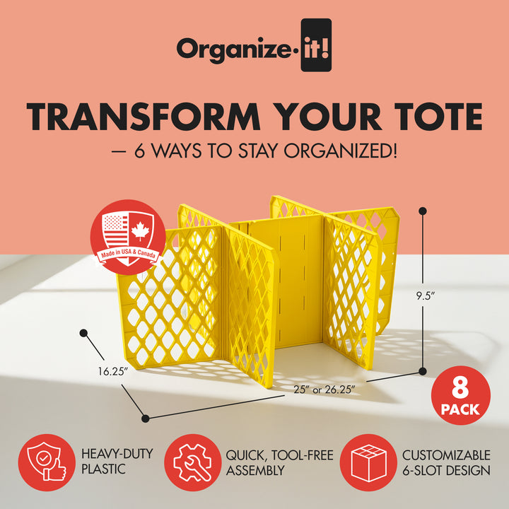 ORGANIZE-IT! 6 Slot Tote Dividers for 27 Gal Storage Containers, Yellow, 8 Pack