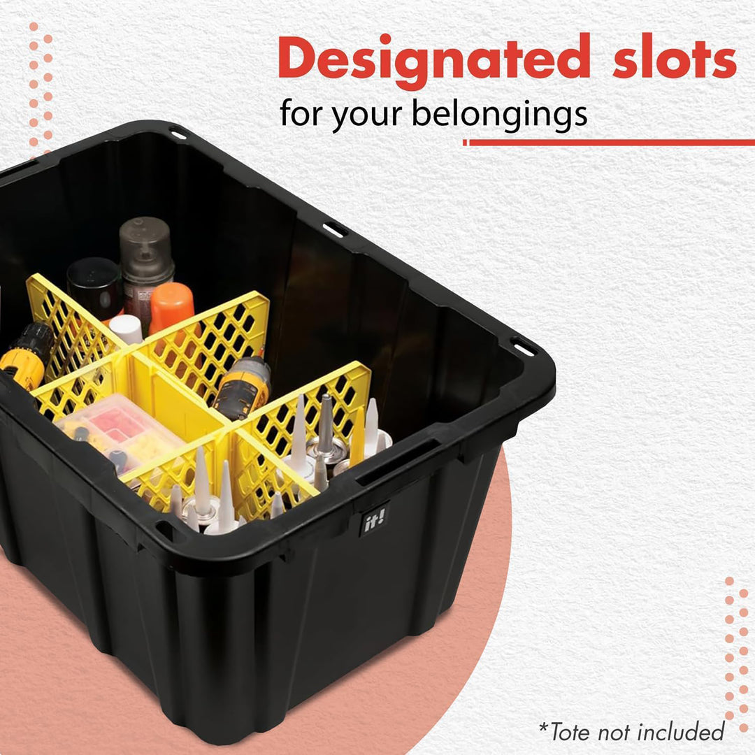 ORGANIZE-IT! 6 Slot Tote Dividers for 27 Gal Storage Containers, Yellow, 4 Pack