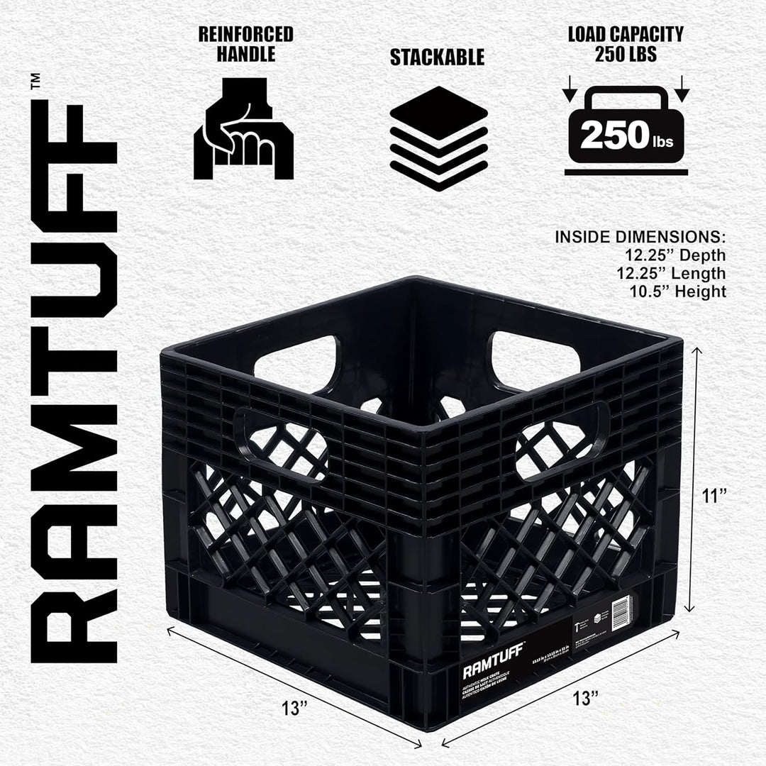 Ramtuff Storage Milk Crate, Plastic Organizer Box, 250lb Capacity, Black, 2 Pack