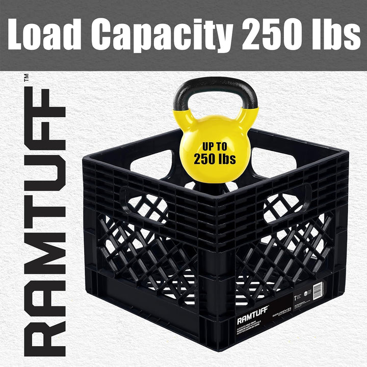 Ramtuff Storage Milk Crate, Plastic Organizer Box, 250lb Capacity, Black, 1 Pack