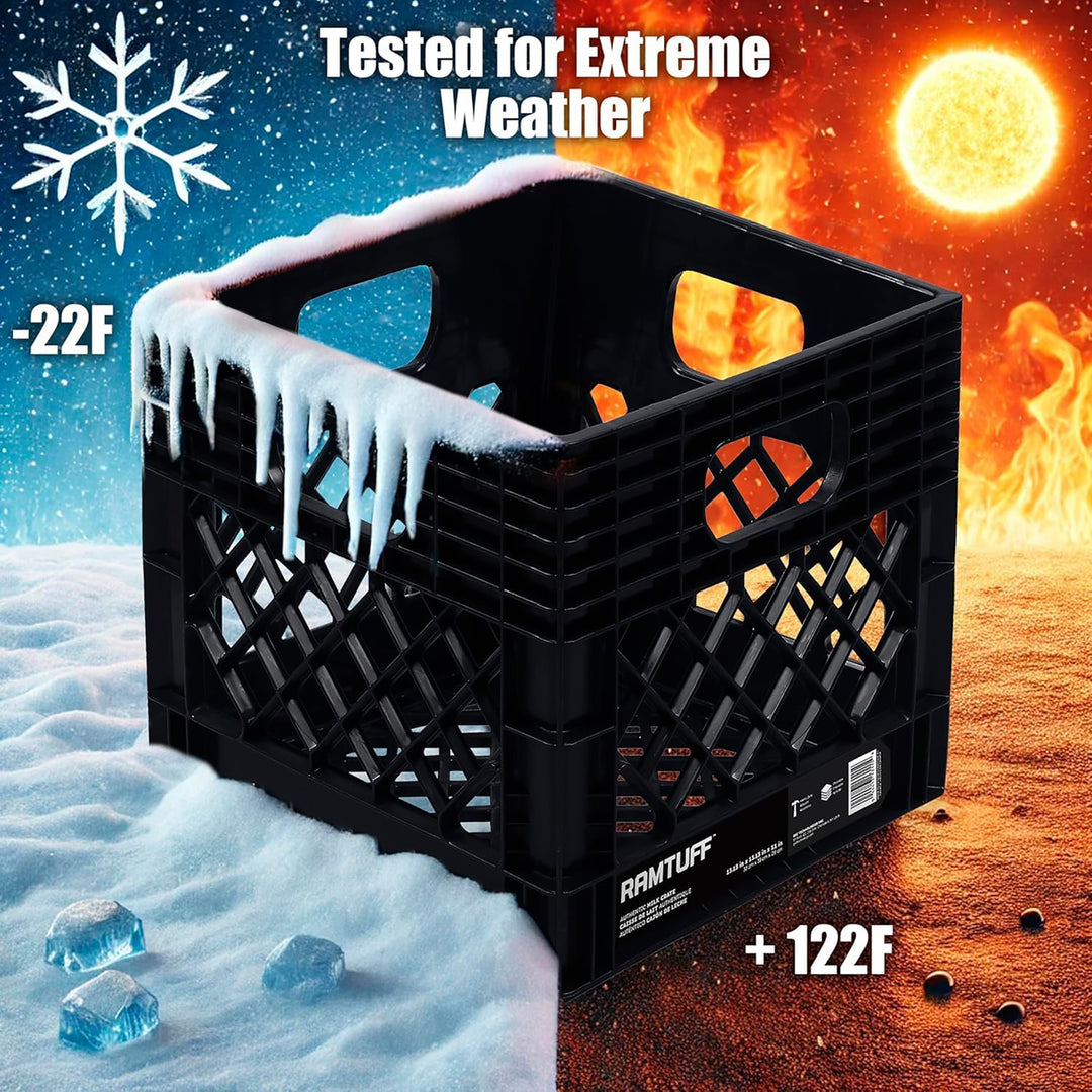 Ramtuff Storage Milk Crate, Plastic Organizer Box, 250lb Capacity, Black, 1 Pack