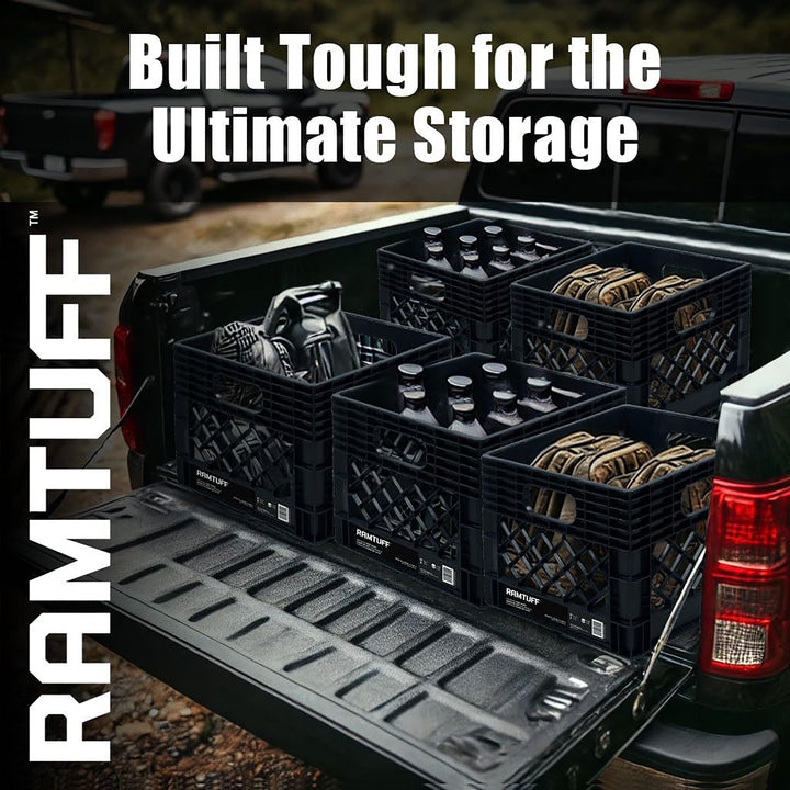 Ramtuff Storage Milk Crate, Plastic Organizer Box, 250lb Capacity, Black, 4 Pack
