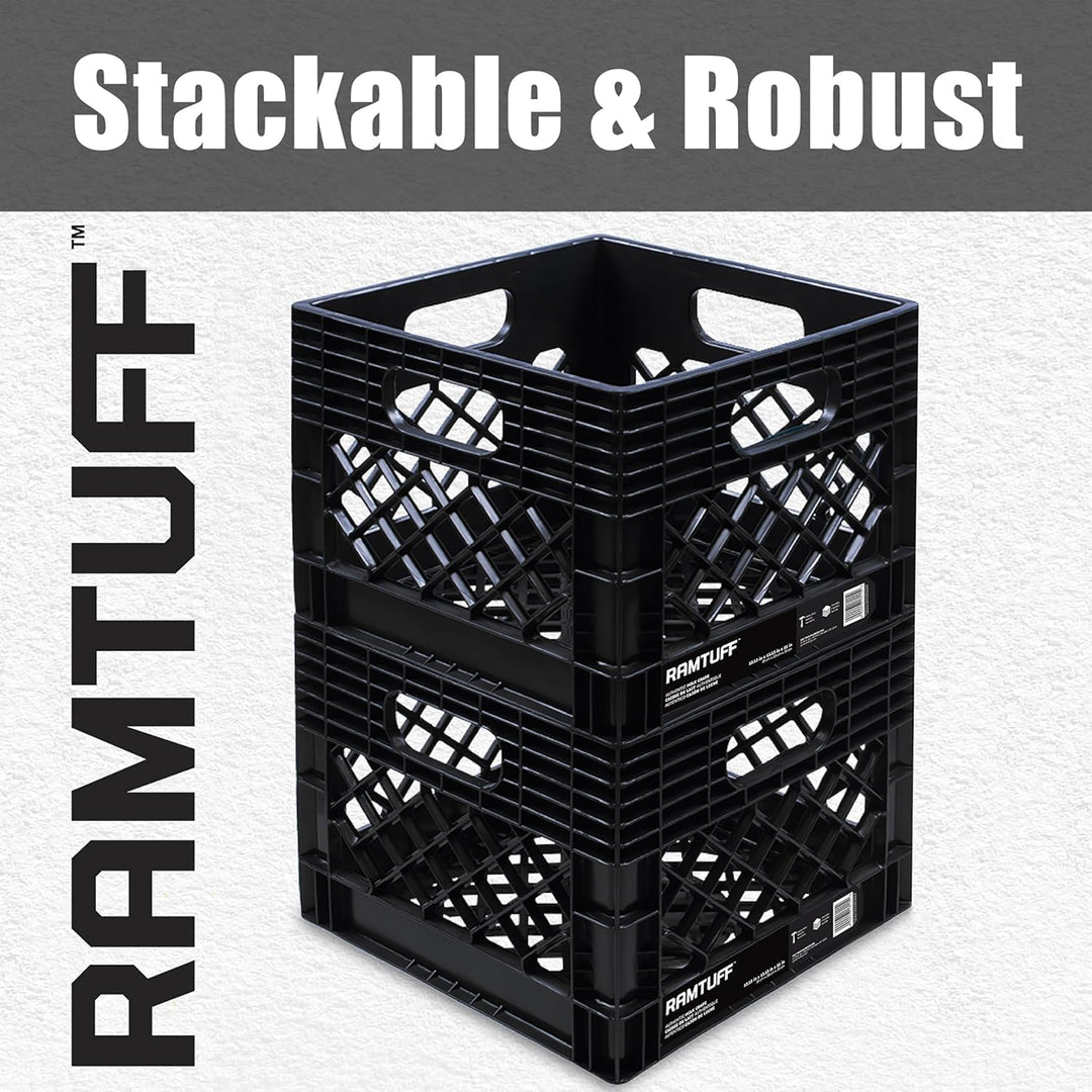 Ramtuff Storage Milk Crate, Plastic Organizer Box, 250lb Capacity, Black, 2 Pack