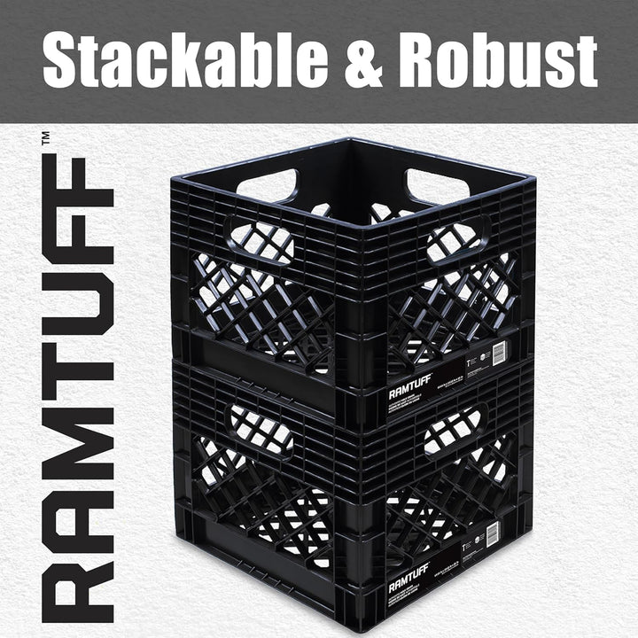 Ramtuff Storage Milk Crate, Plastic Organizer Box, 250lb Capacity, Black, 2 Pack