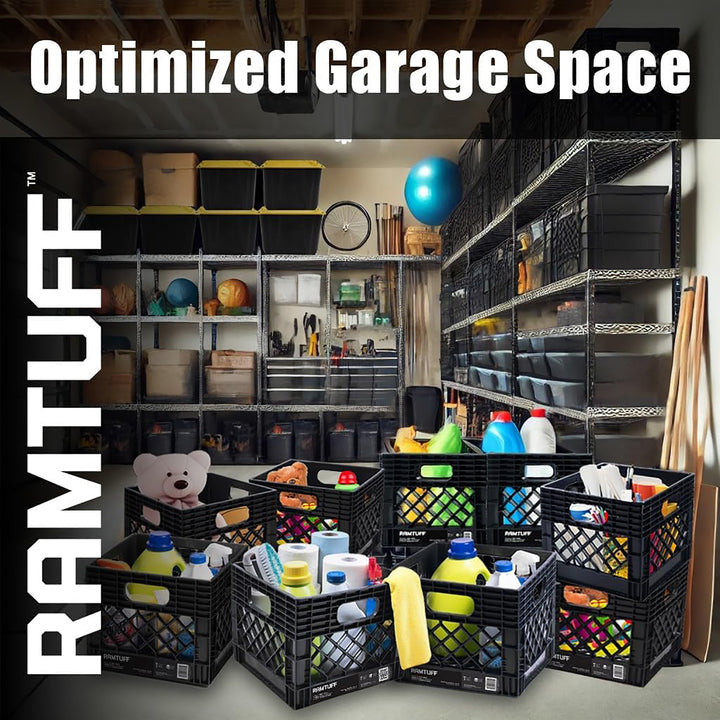 Ramtuff Storage Milk Crate, Plastic Organizer Box, 250lb Capacity, Black, 2 Pack