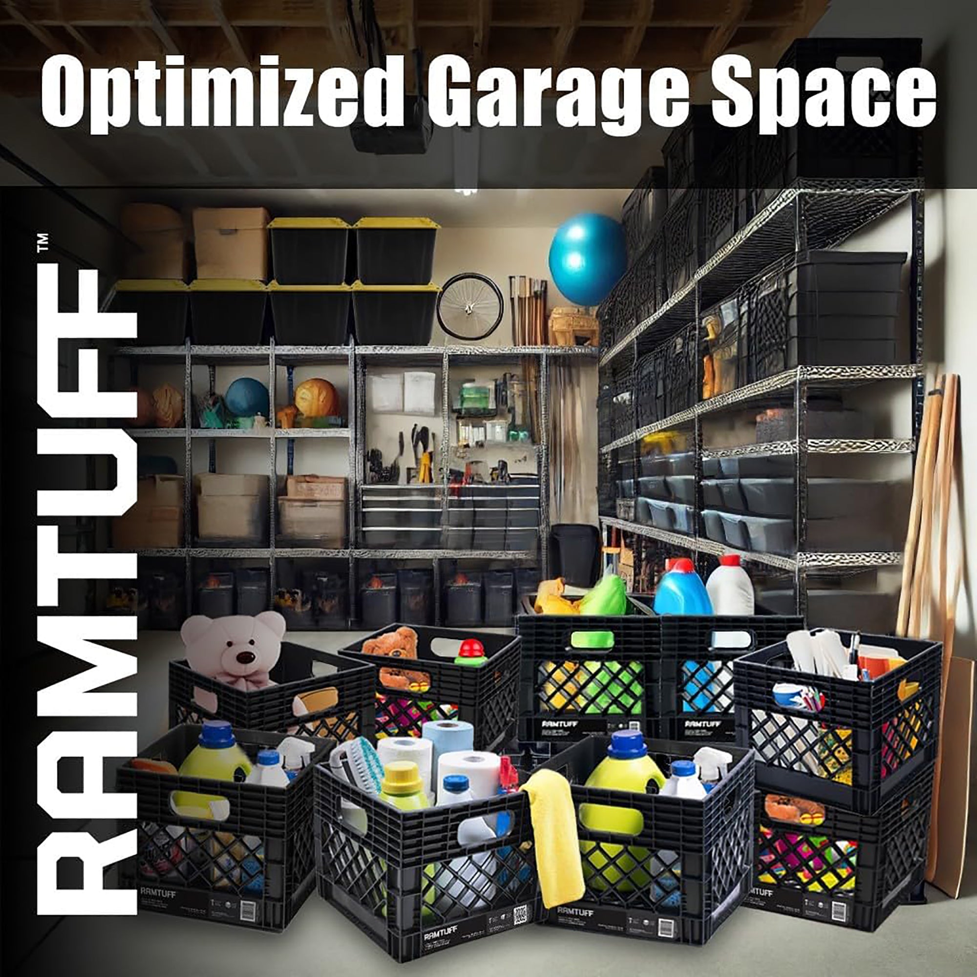 Ramtuff Storage Milk Crate, Plastic Organizer Box, 250lb Capacity, (Open Box)