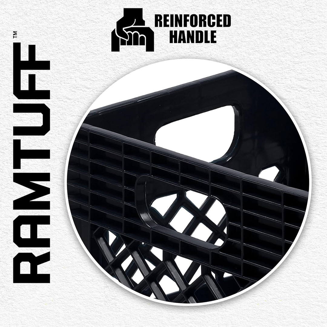 Ramtuff Storage Milk Crate, Plastic Organizer Box, 250lb Capacity, Black, 2 Pack