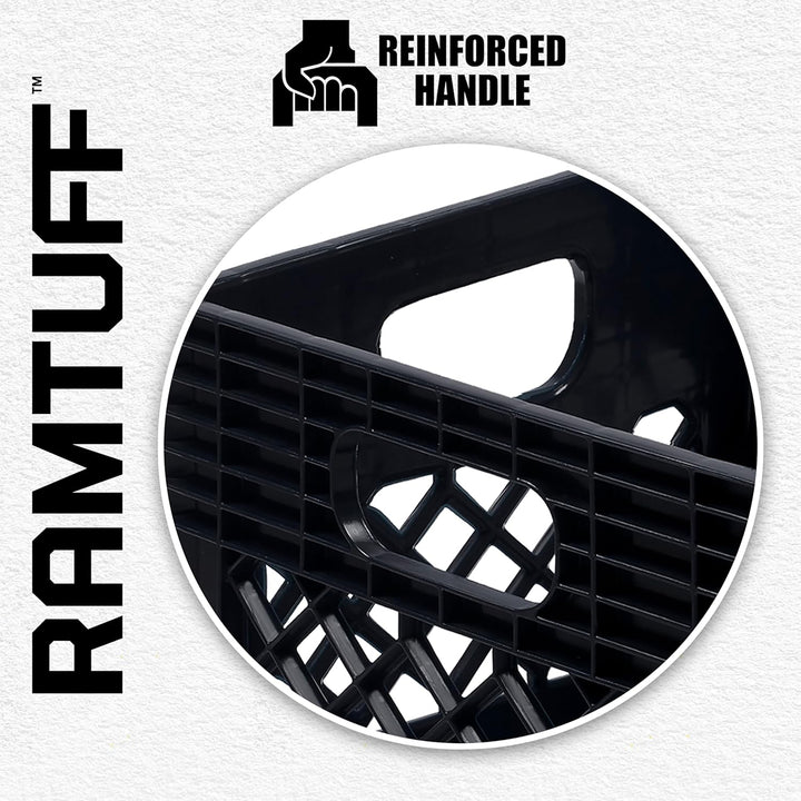 Ramtuff Storage Milk Crate, Plastic Organizer Box, 250lb Capacity, Black, 4 Pack