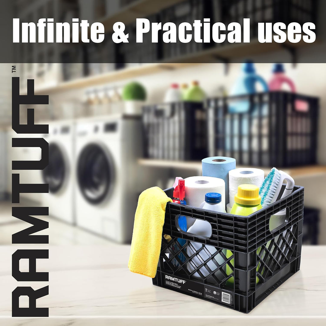 Ramtuff Storage Milk Crate, Plastic Organizer Box, 250lb Capacity, Black, 4 Pack