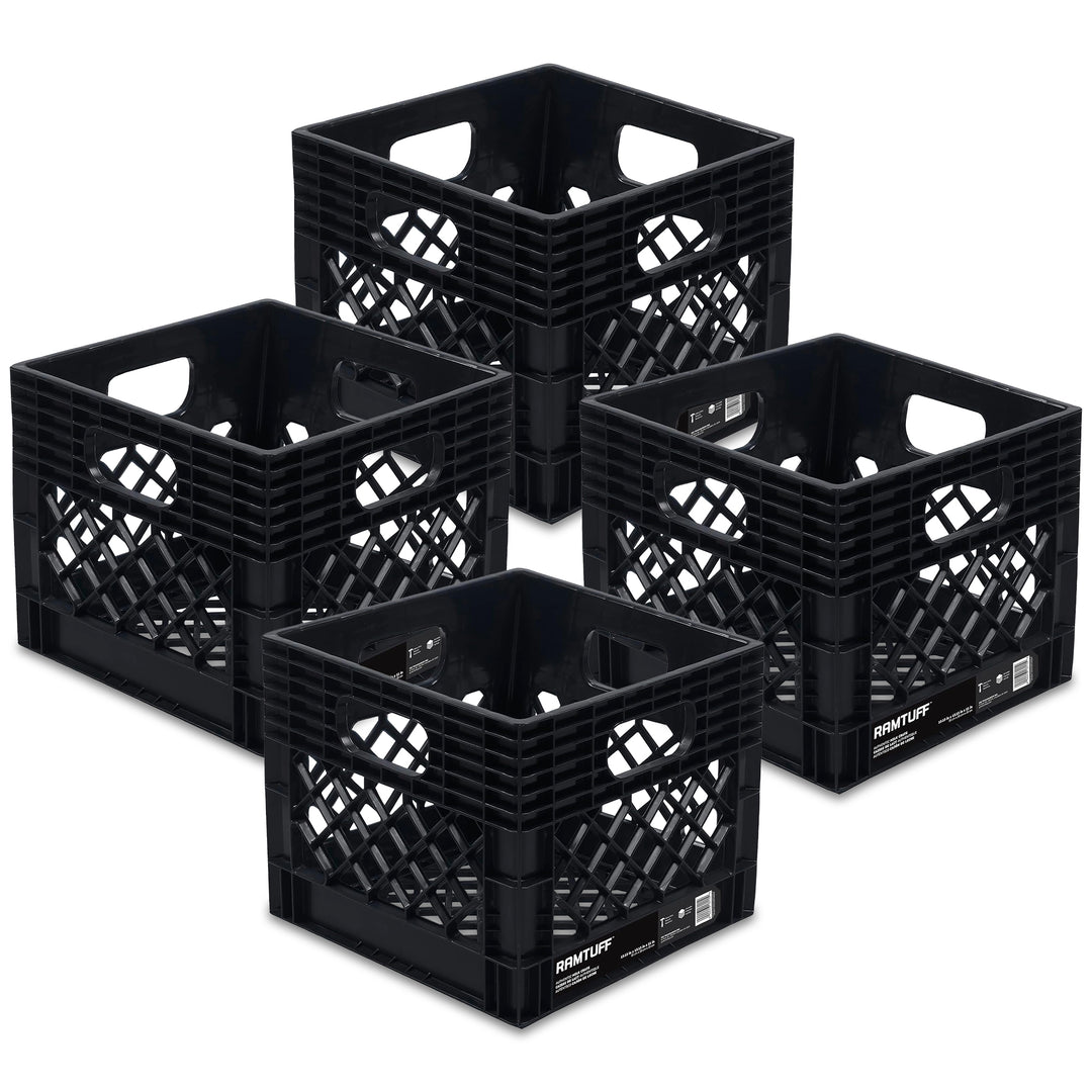 Ramtuff Storage Milk Crate, Plastic Organizer Box, 250lb Capacity, Black, 4 Pack