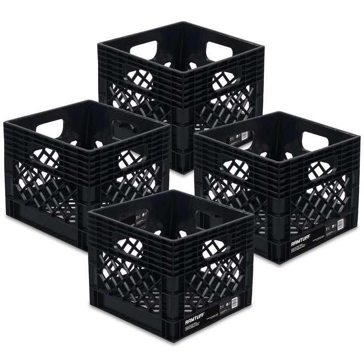 Ramtuff Storage Milk Crate, Plastic Organizer Box, 250lb Capacity, Black, 4 Pack