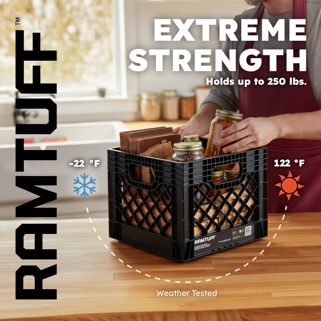 Ramtuff Storage Milk Crate, Plastic Organizer Box, 250lb Capacity, Black, 4 Pack