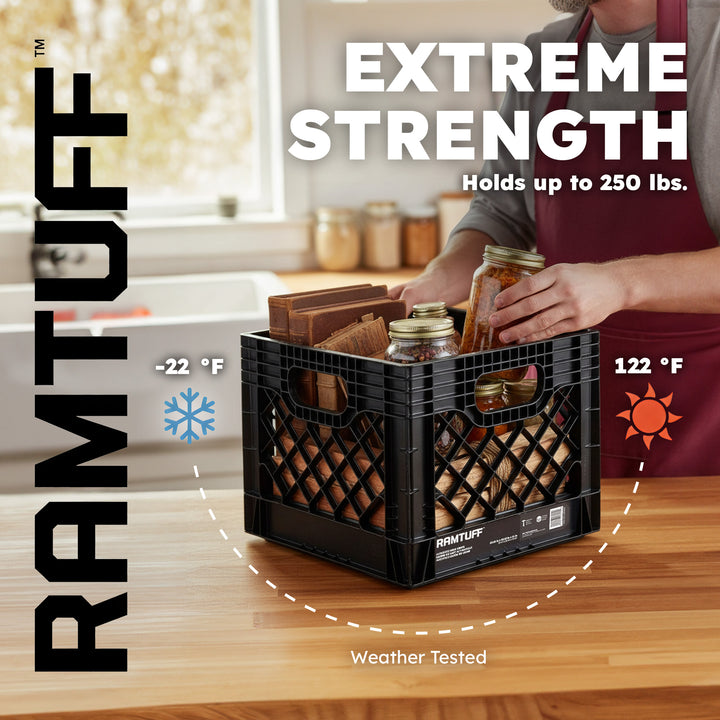 Ramtuff Storage Milk Crate, Plastic Organizer Box, 250lb Capacity (Open Box)