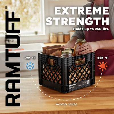 Ramtuff Storage Milk Crate, Plastic Organizer Box, 250lb Capacity, (Open Box)