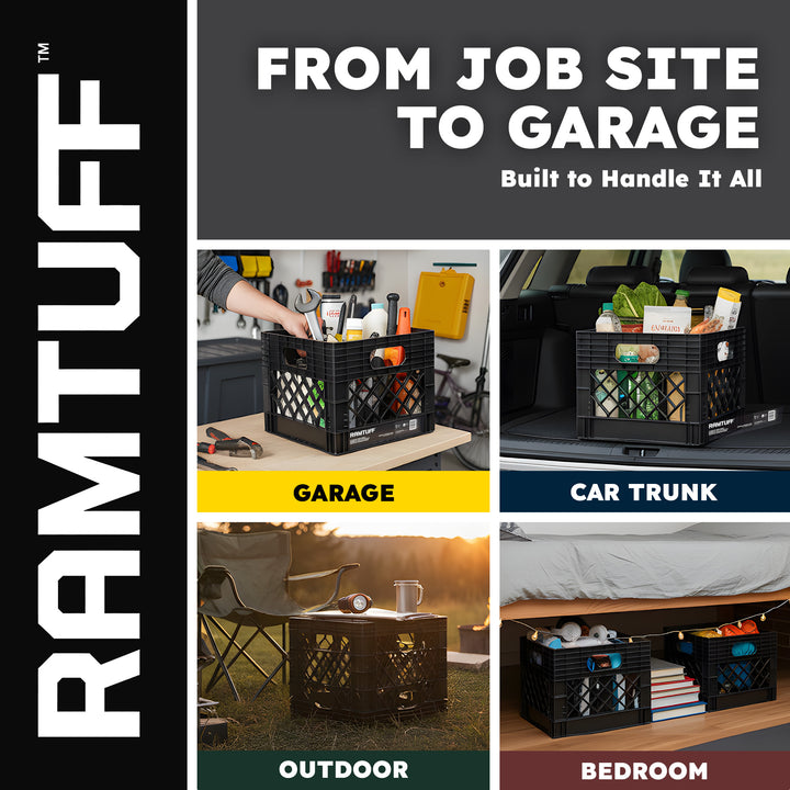 Ramtuff Storage Milk Crate, Plastic Organizer Box, 250lb Capacity, Black, 4 Pack