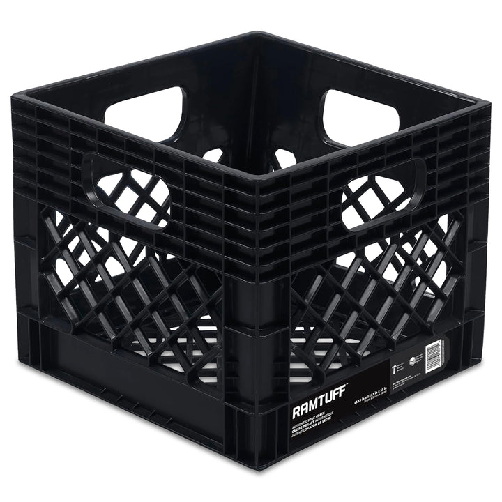 Ramtuff Storage Milk Crate, Plastic Organizer Box, 250lb Capacity, Black, 1 Pack