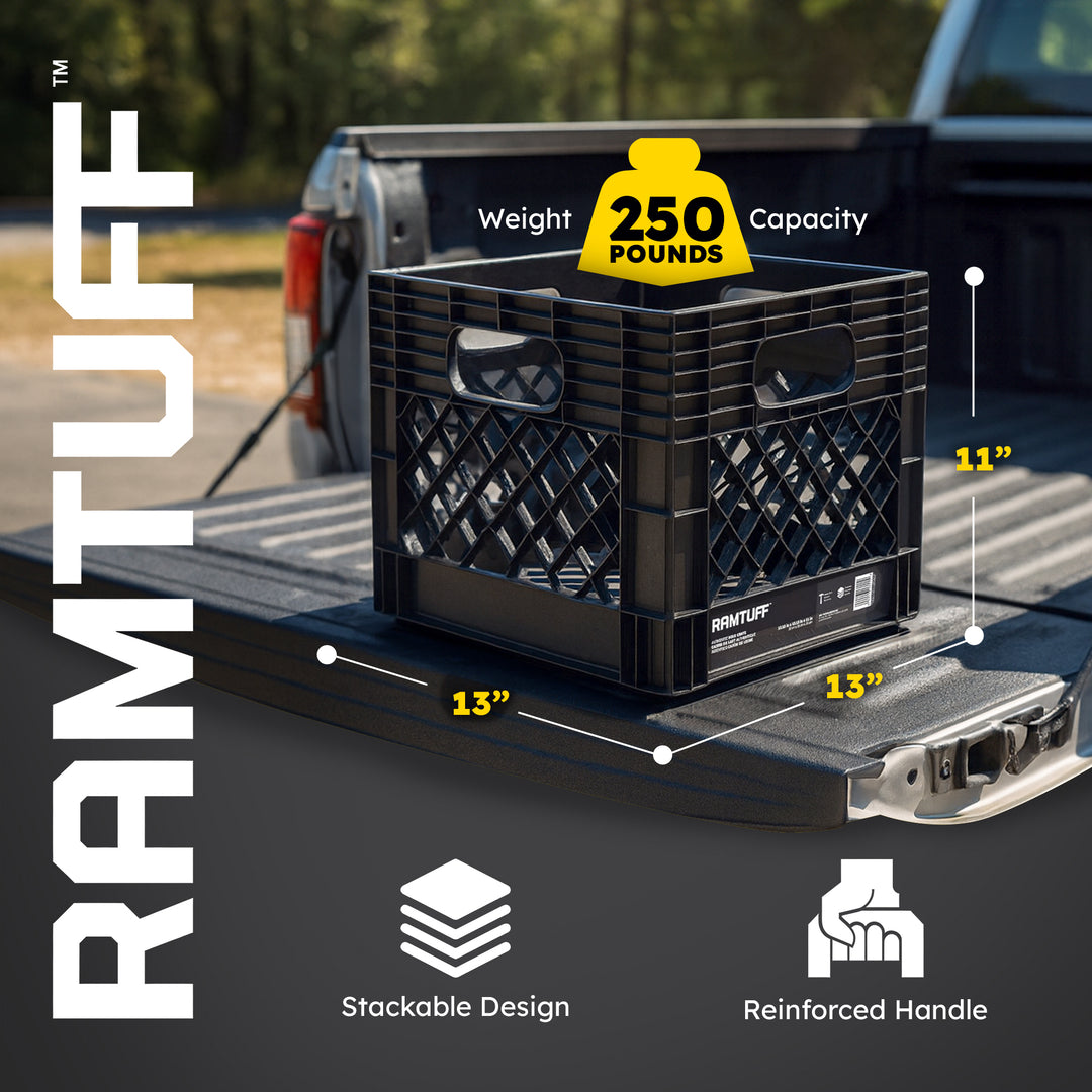 Ramtuff Storage Milk Crate, Plastic Organizer Box, 250lb Capacity, Black, 2 Pack
