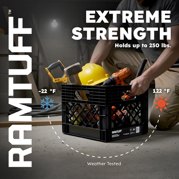 Ramtuff Storage Milk Crate, Plastic Organizer Box, 250lb Capacity, Black, 2 Pack