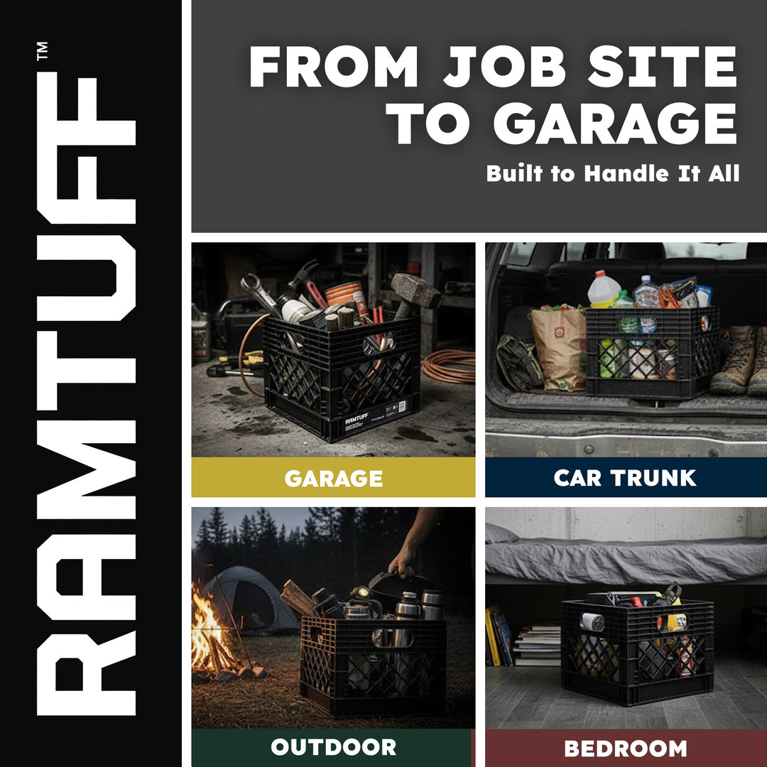 Ramtuff Storage Milk Crate, Plastic Organizer Box, 250lb Capacity, Black, 2 Pack