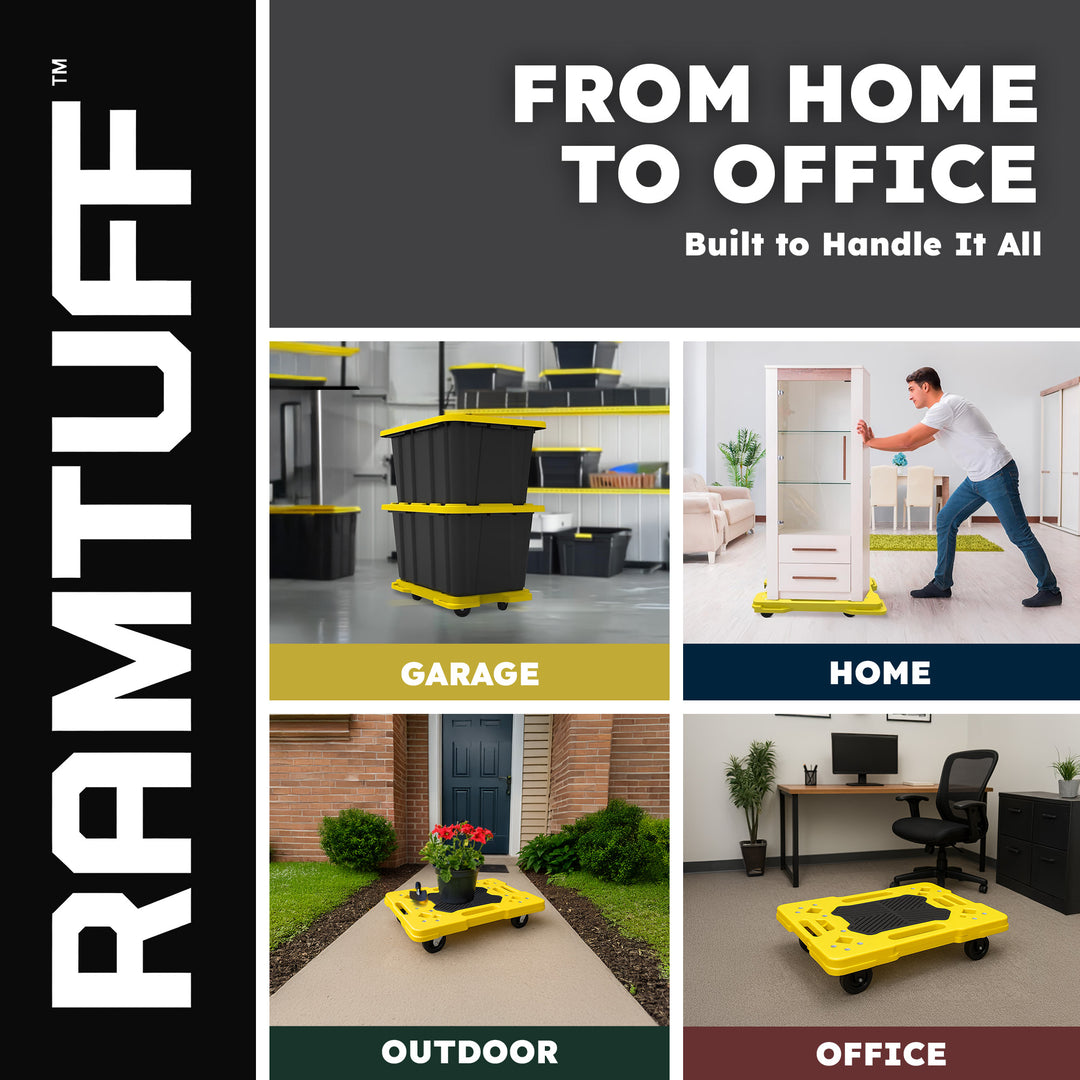 Ramtuff Connectable Moving Dolly, Sturdy Plastic Cart w/ Wheels, Yellow, 4 Pack