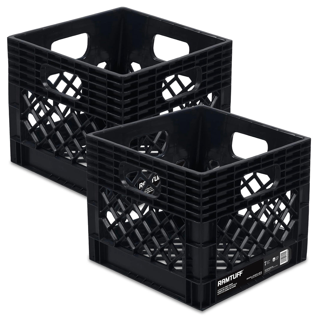 Ramtuff Storage Milk Crate, Plastic Organizer Box, 250lb Capacity, Black, 2 Pack