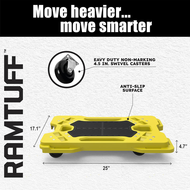 Ramtuff Connectable Moving Dolly, Sturdy Plastic Cart w/ Wheels, Yellow, 4 Pack