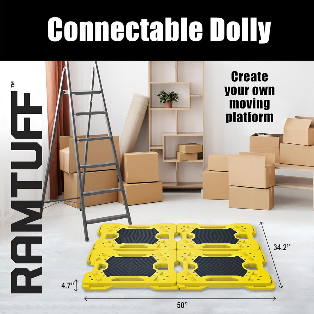 Ramtuff Connectable Moving Dolly, Sturdy Plastic Cart w/ Wheels, Yellow, 4 Pack