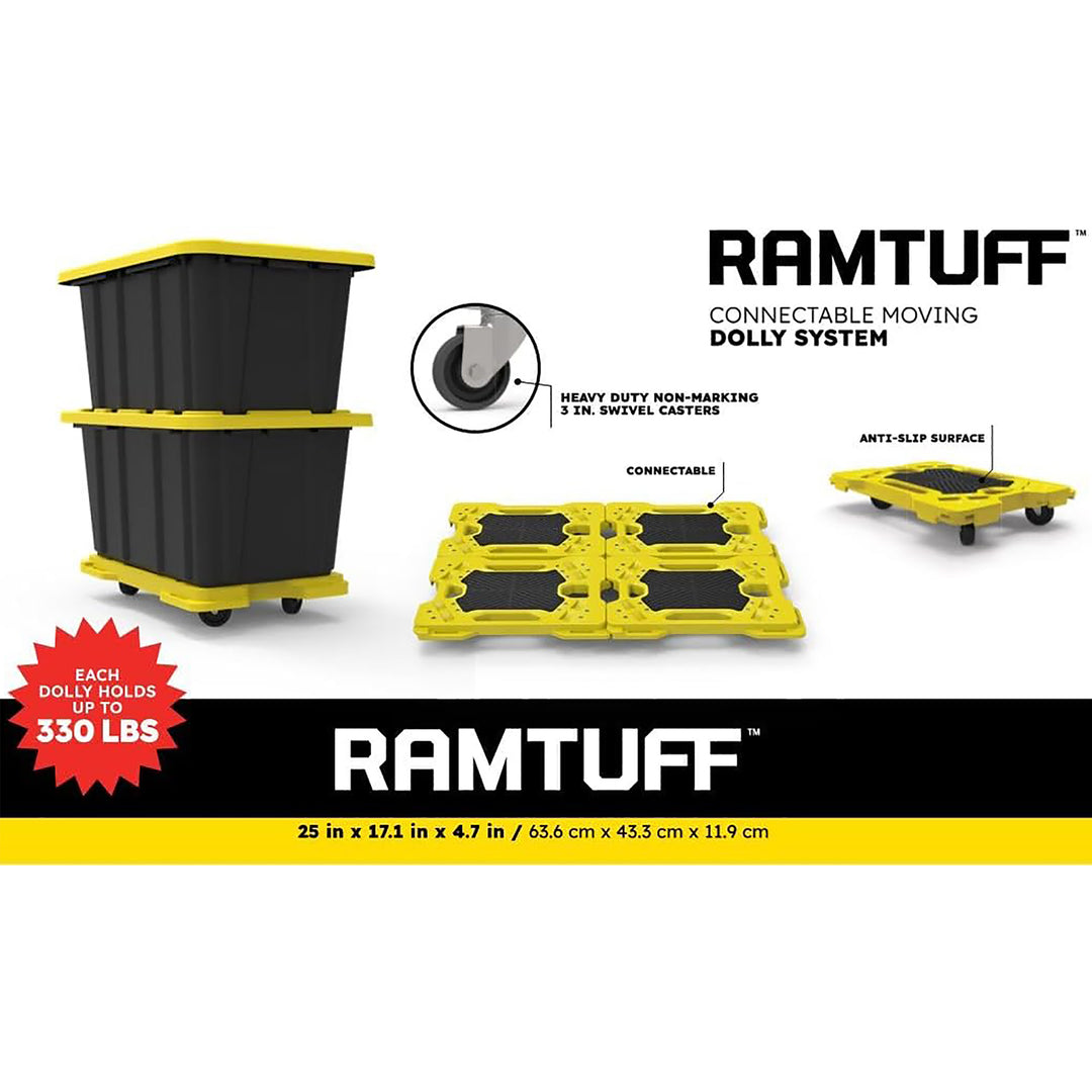 Ramtuff Connectable Moving Dolly, Sturdy Plastic Cart w/ Wheels, Yellow, 4 Pack